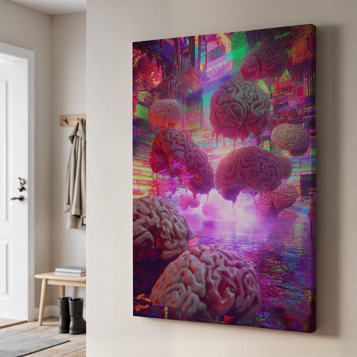 Psychedelic Floating Brains Glitch Art Canvas Neon Surreal Mind Wall Art