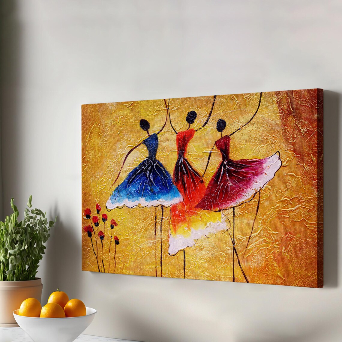 Three Dancing Women Colorful Dresses Abstract Oil Painting Golden Background Wall Art