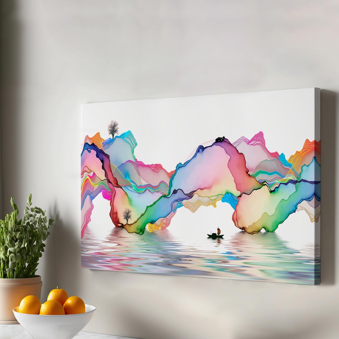 Abstract Rainbow Mountain Ink Painting Tiny Boat Colorful Reflections Serene Wall Art