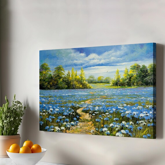Blue Poppy Field Wildflower Meadow Impressionist Oil Painting Style Wall Art