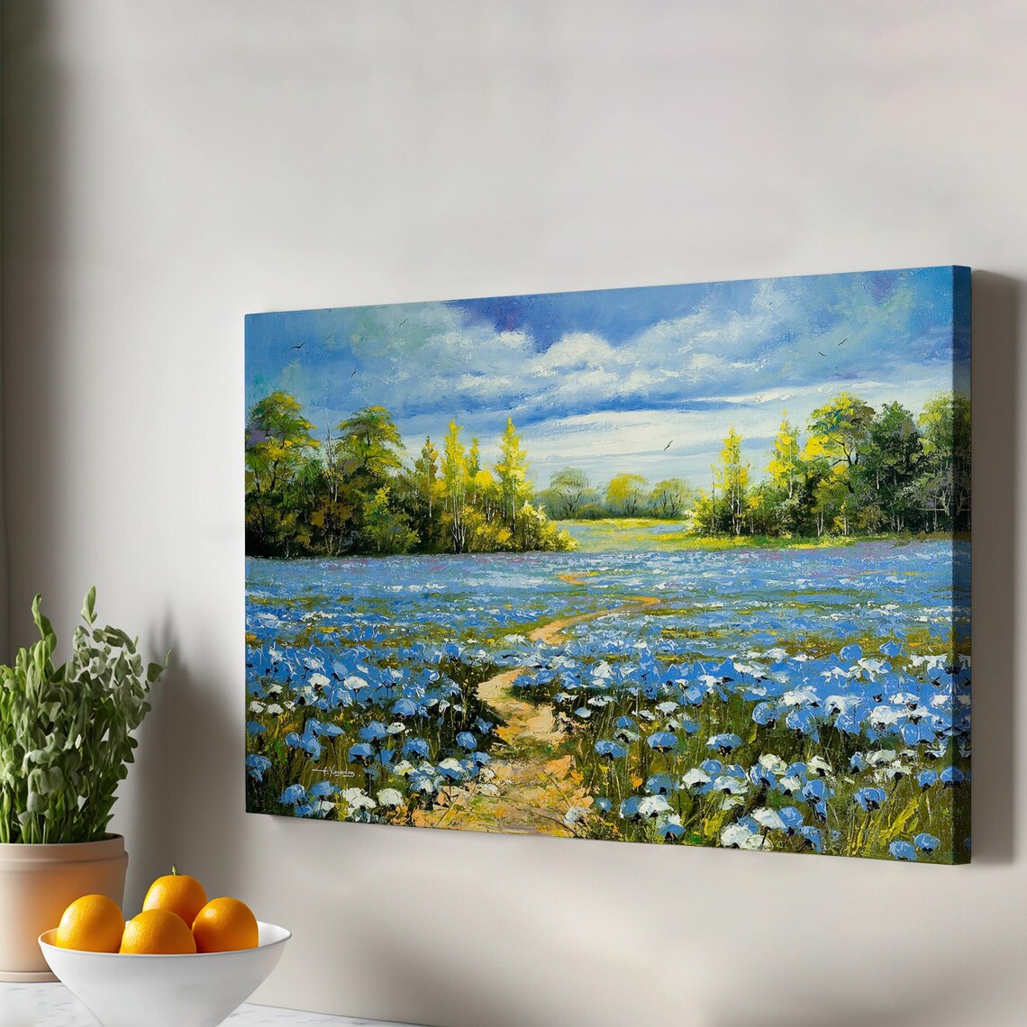 Blue Poppy Field Wildflower Meadow Impressionist Oil Painting Style Wall Art