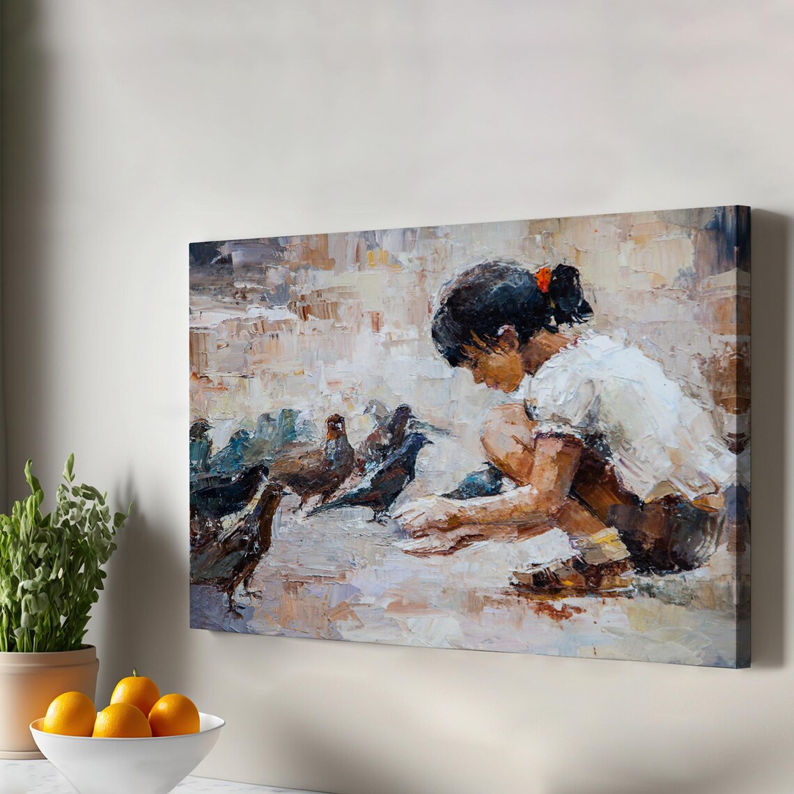 Little Girl Feeding Pigeons Tender Oil Painting Rustic Wall Decor Poster
