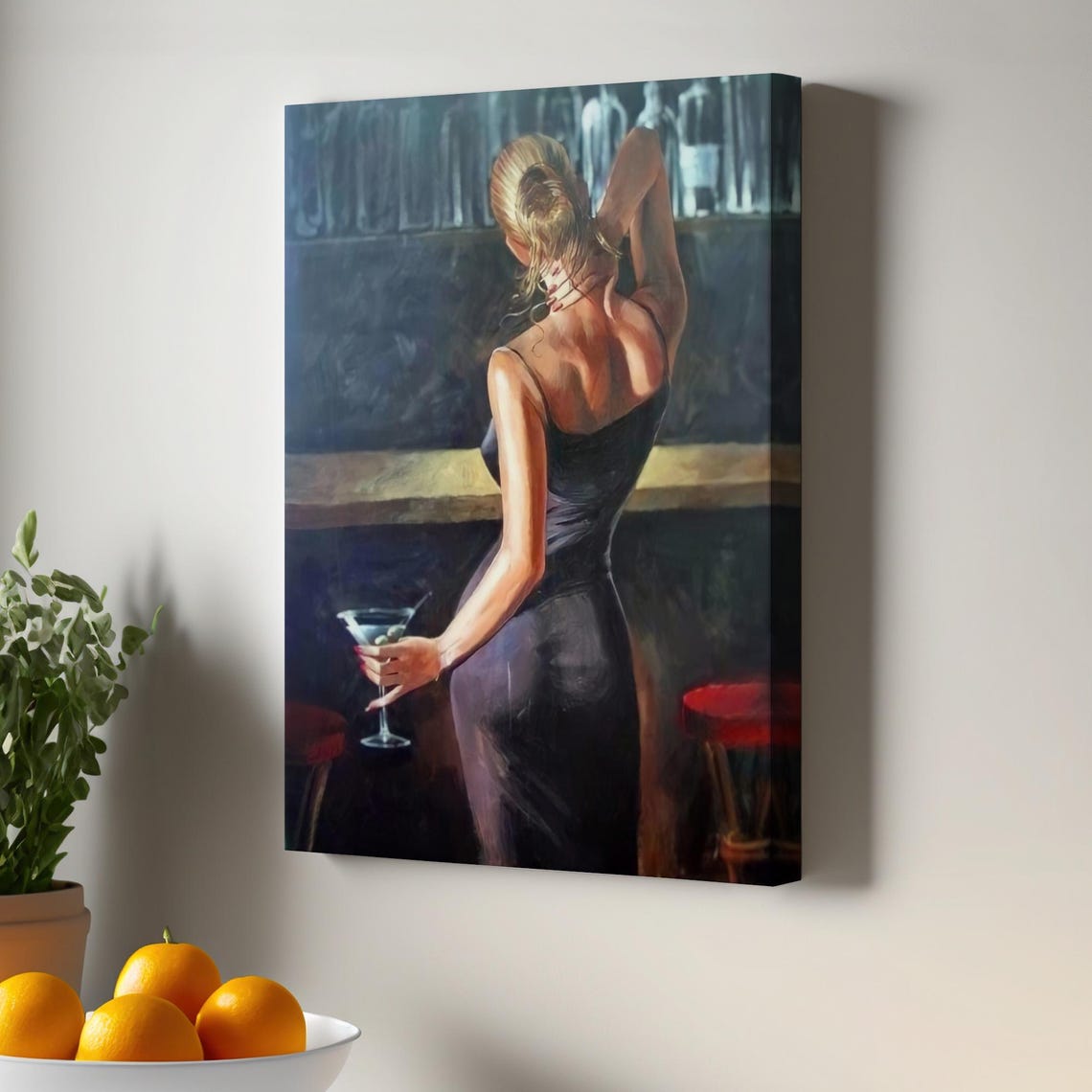 Woman In Black Dress At Bar Martini Glass Painted Back View Poster