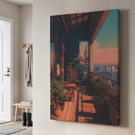 Sunset Balcony Canvas Wall Art Cozy Apartment View With Plants And City Skyline Warm Golden Hour Print Framed Gift For Urban Home Decor