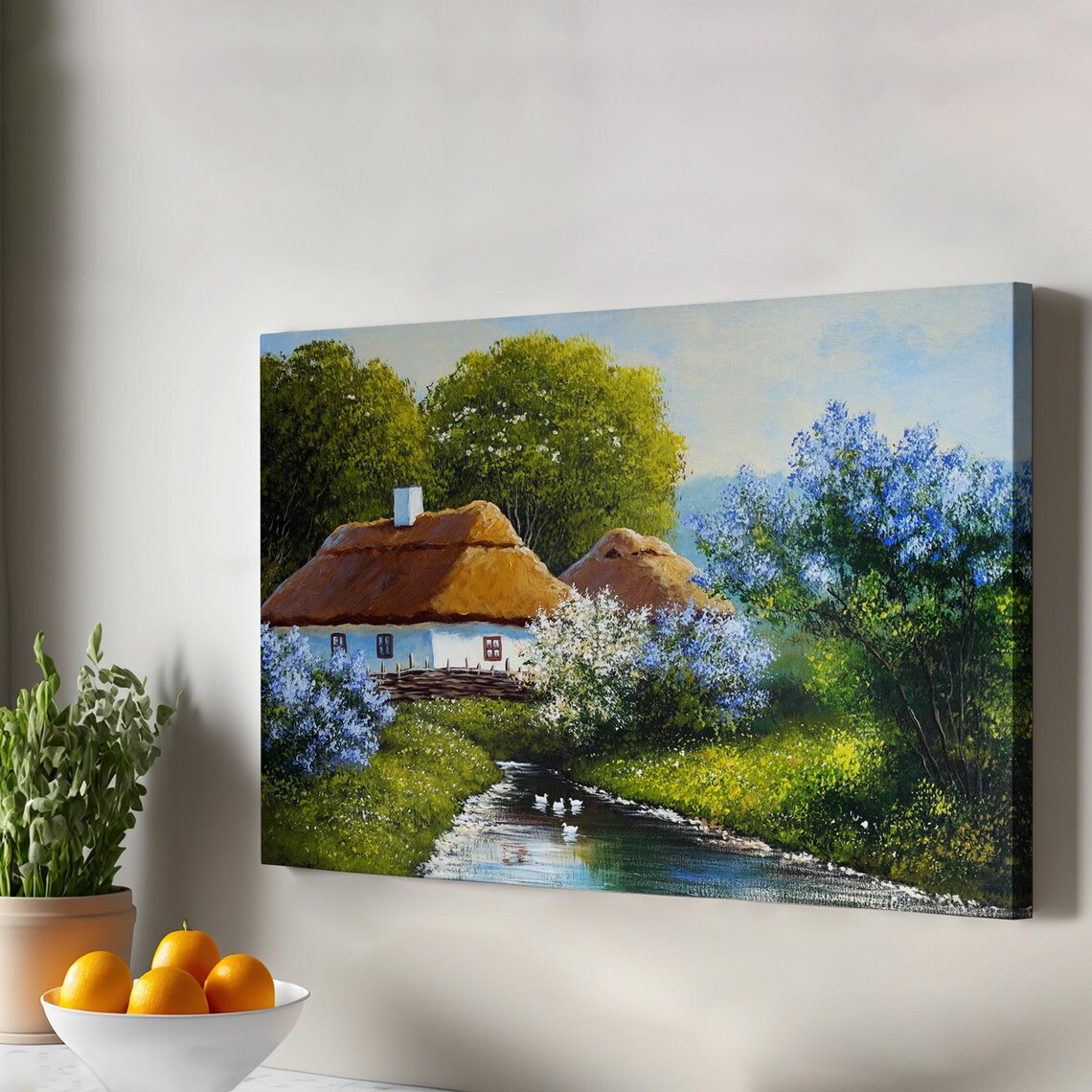 Thatched Cottage River Ducks Oil Painting Countryside Spring Art Poster
