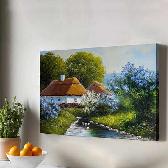 Cottage By The River Oil Painting Style Decorative Canvas Wall Art Nature Decor