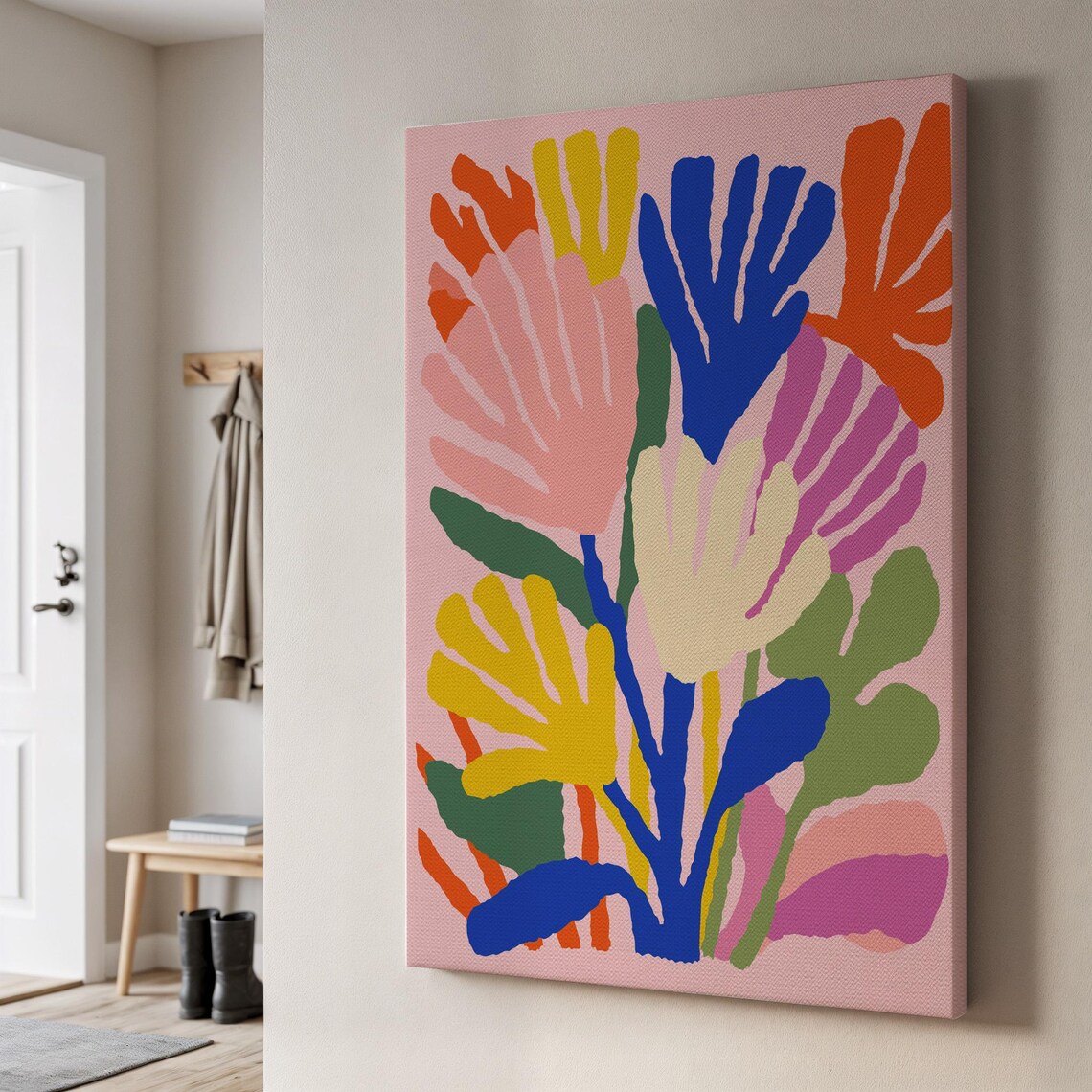 Abstract Botanical Canvas Wall Art Bold Colorful Leaf Print On Pink Background Modern Floral Paintingframed Gift For Boho Home Lovers