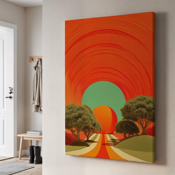 Retro Sunset Landscape Canvas Orange And Green Pathway With Trees Concentric Sun Vintage Minimalist Wall Print For Warm Earthy Spaces