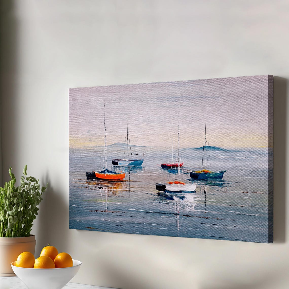 Moored Sailboats Calm Harbor Dawn Oil Painting Style Canvas Wall Art