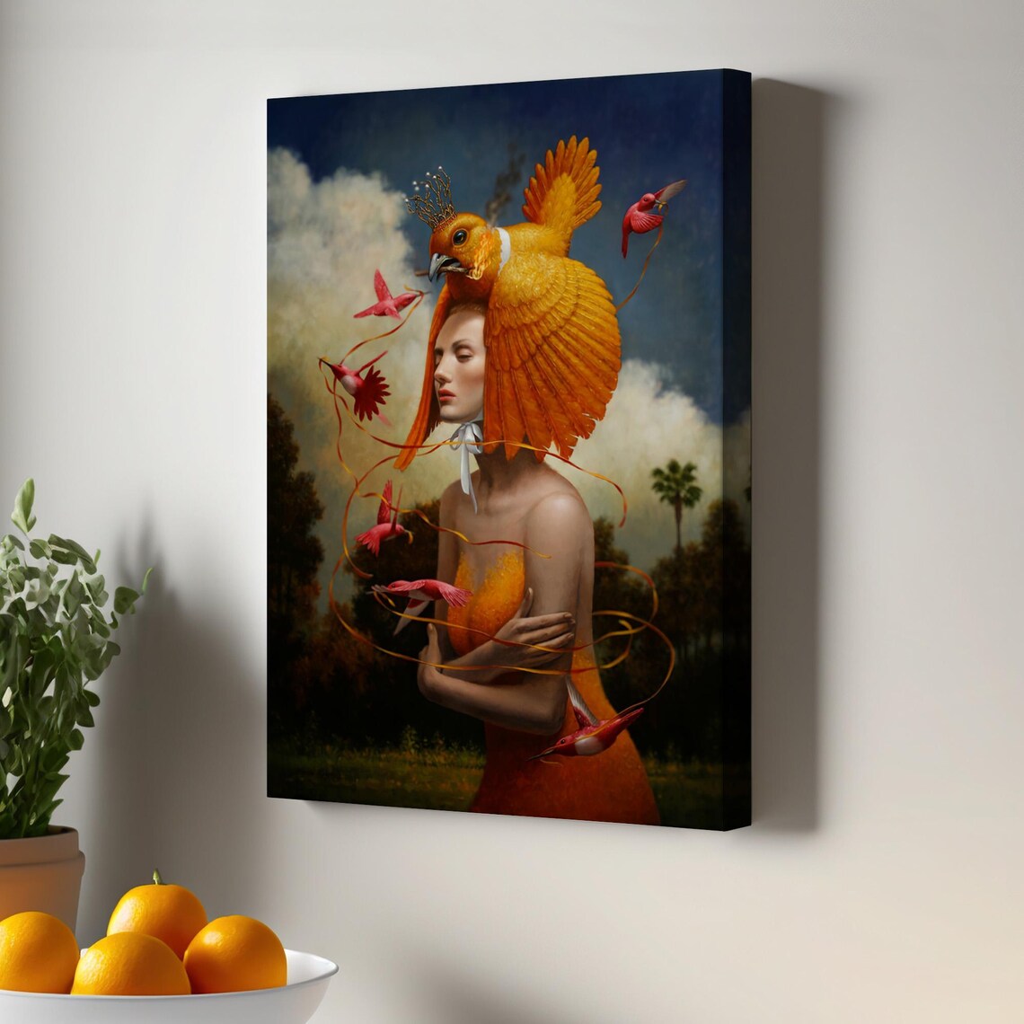 Dreamlike Surreal Woman With Crowned Golden Bird Oil Painting Poster