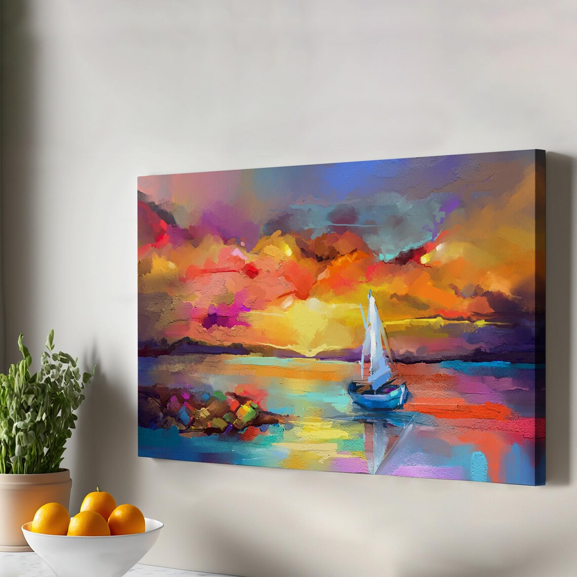 Sailboat Sunset Blazing Orange Clouds Colorful Oil Painting Wall Art