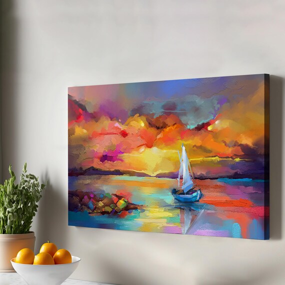 Sailboat Sunset Blazing Orange Clouds Colorful Oil Painting Wall Art