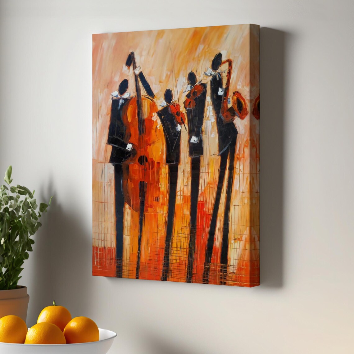 Abstract Jazz Quartet Musicians Cello Violin Saxophone Orange Canvas Poster