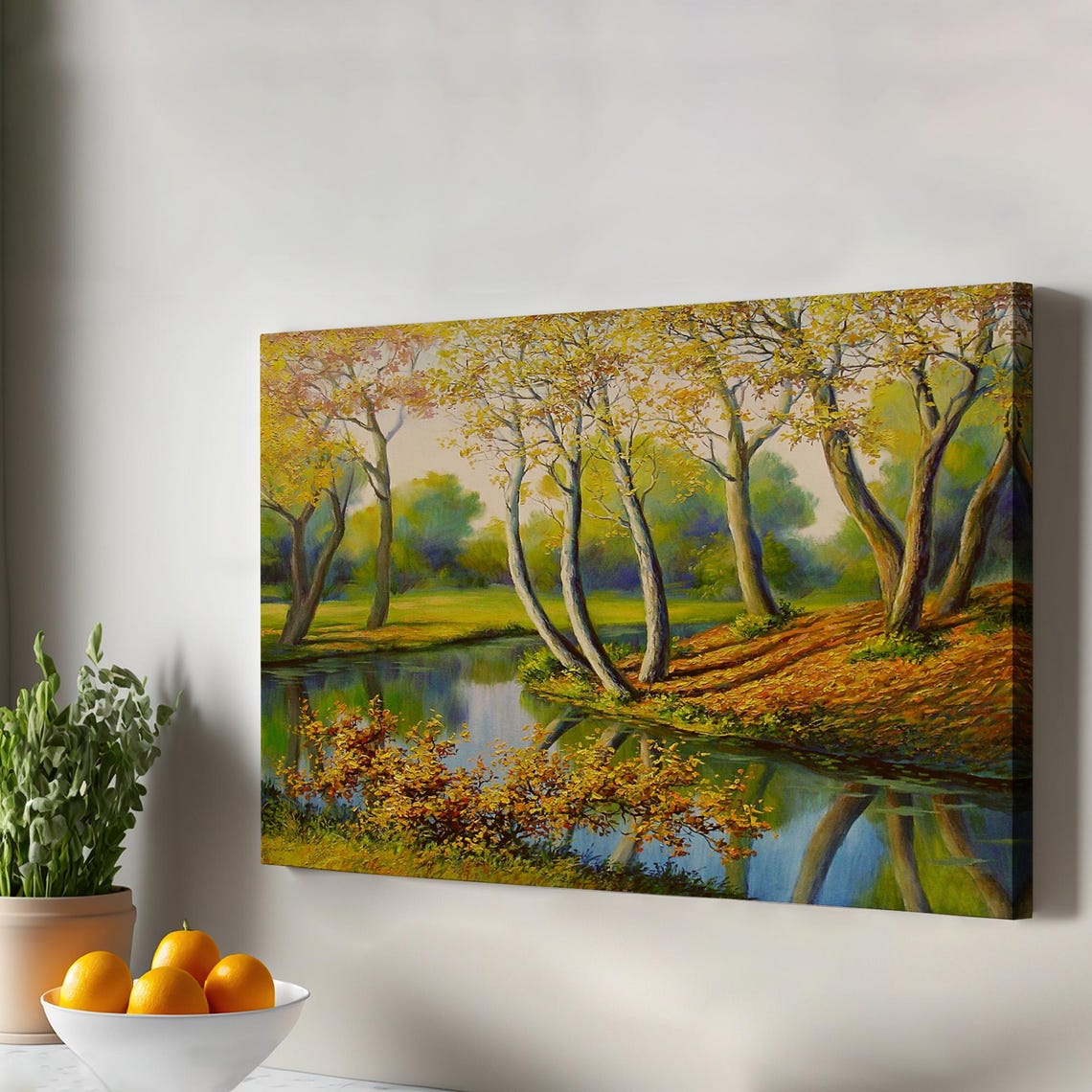 Autumn Riverside Trees Oil Painting Golden Reflection Wall Art