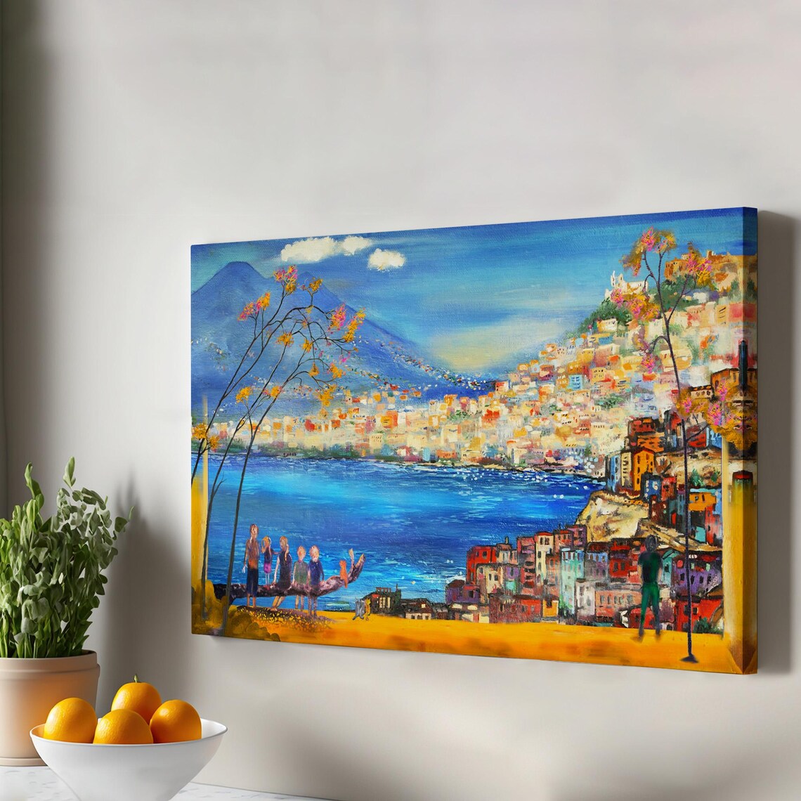 Italian Coastal Town Vesuvius Bay Colorful Seaside Oil Painting Poster