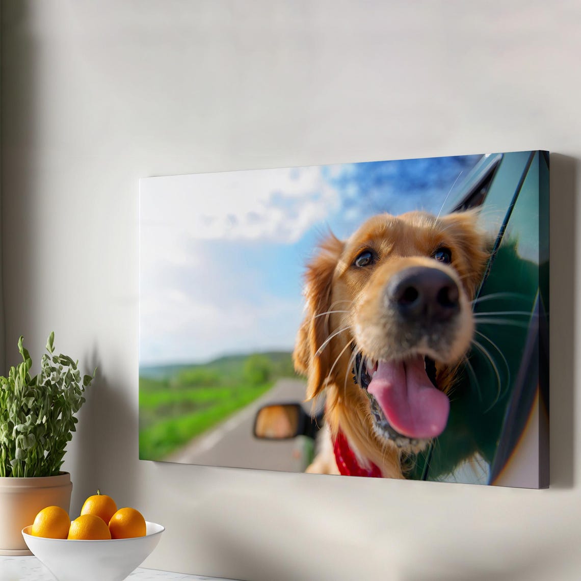 Happy Golden Retriever Car Window Road Trip Dog Photo Poster