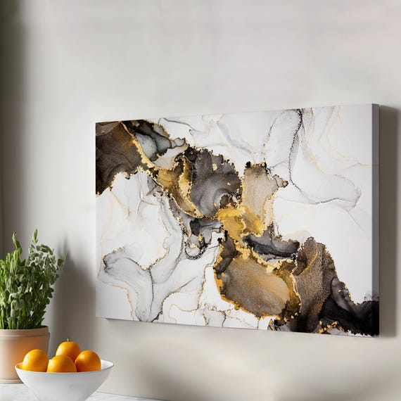 Abstract Modern Canvas Art With Marble Pattern And Gold Dust Details Wall Large Print