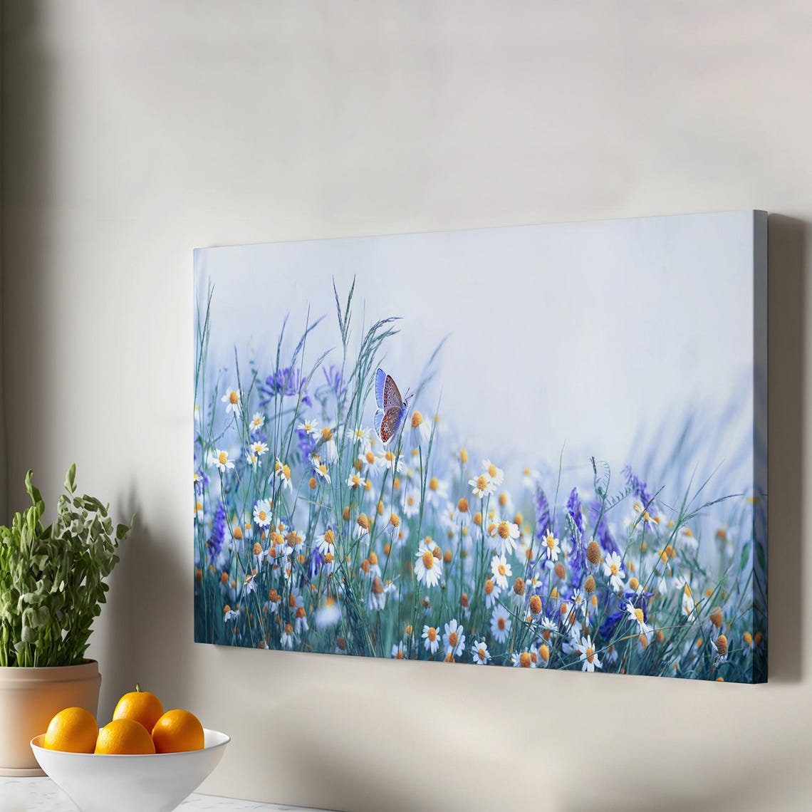 Wildflower Meadow Daisies Butterfly Soft Blue Floral Canvas Wall Art