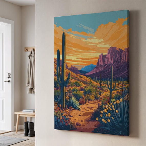 Desert Sunset Canvas Wall Art Vibrant Cactus Trail With Mountains And Golden Sky Southwestern Landscapeframed Nature For Rustic Homes