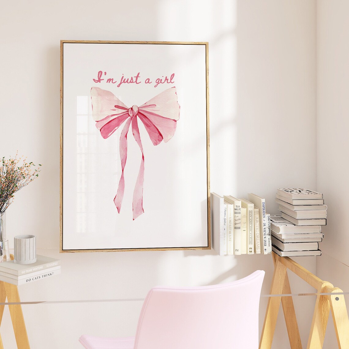 I Am Just A Girl Pink Watercolor Bow Coquette Girly Art Poster - Image 3