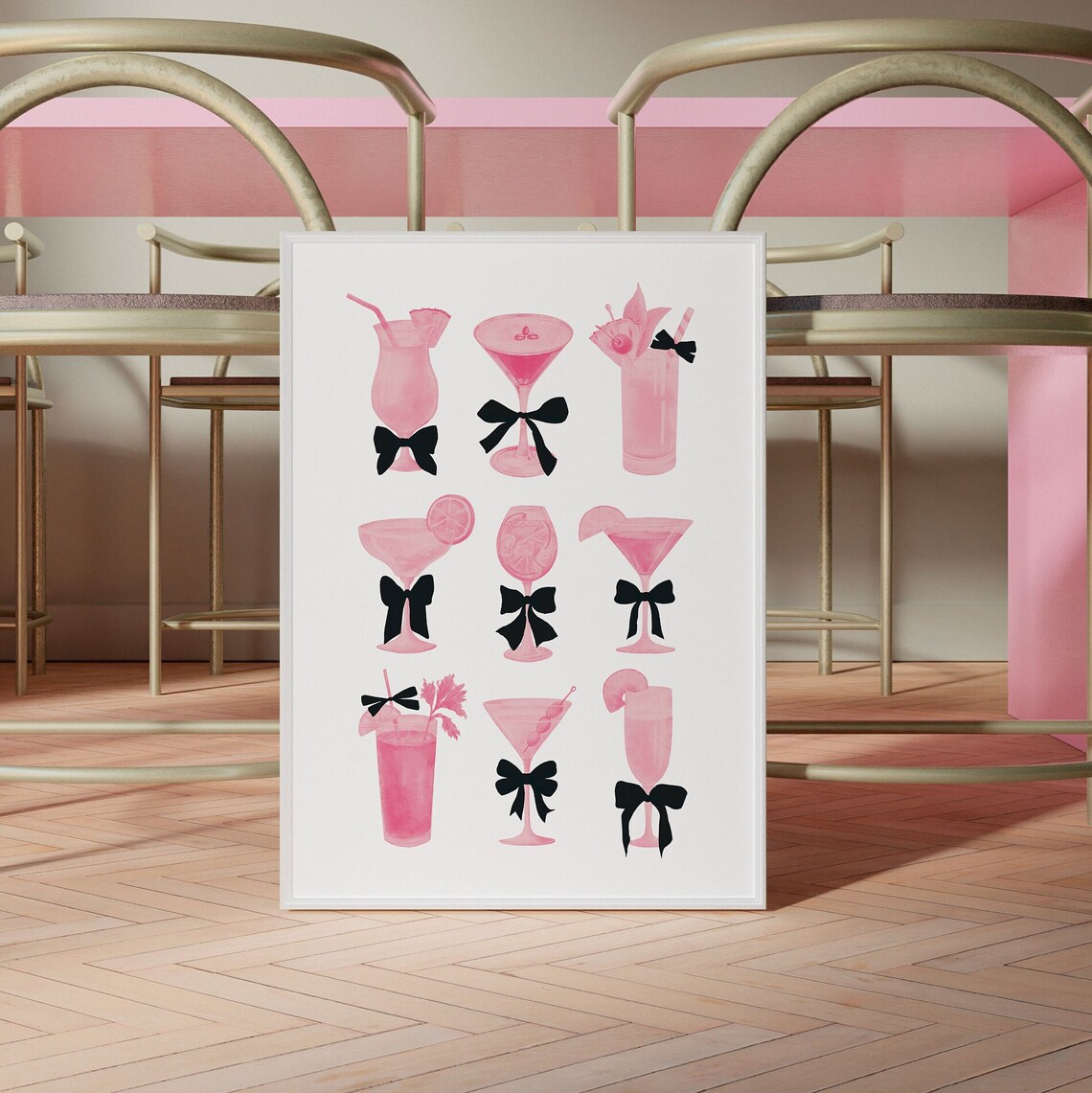 Pink Cocktails With Black Bows Coquette Martini Party Art Poster - Image 2