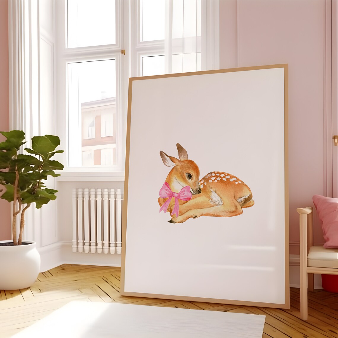 Cute Baby Deer Fawn with Pink Bow Watercolor Nursery Art Poster - Image 3