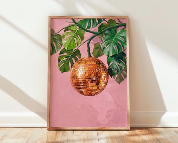 Disco Ball Monstera Print Dopamine Wall Art