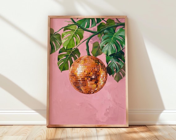 Gold Disco Ball Monstera Tropical Pink Dopamine Party Wall Art