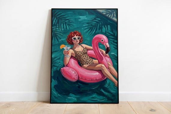 Woman Pink Flamingo Pool Float Poster Retro Palm Springs Wall Art