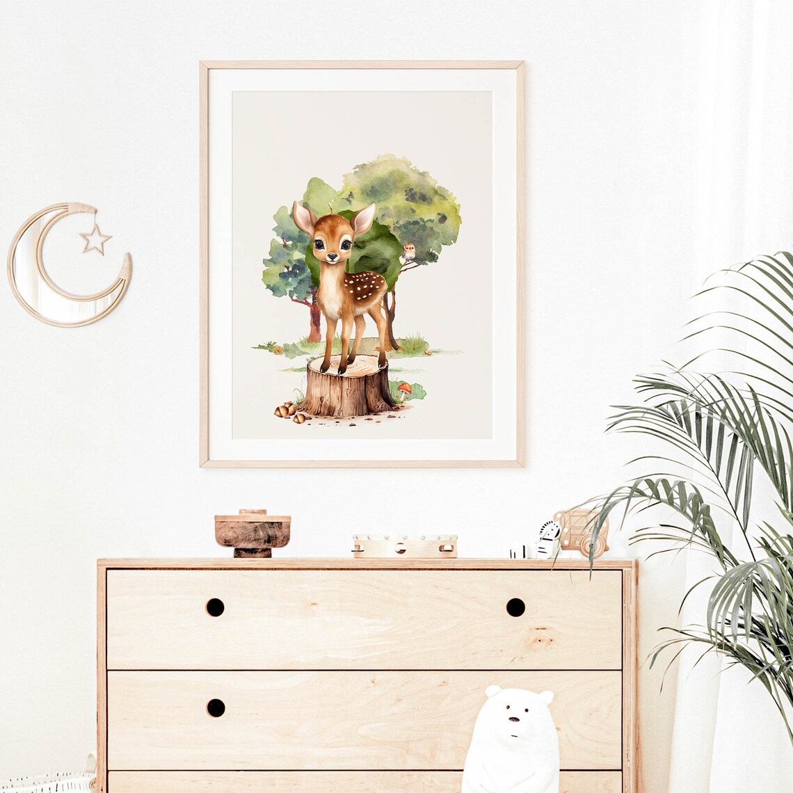 Spotted Baby Fawn Tree Stump Watercolor Woodland Nursery Poster - Image 4