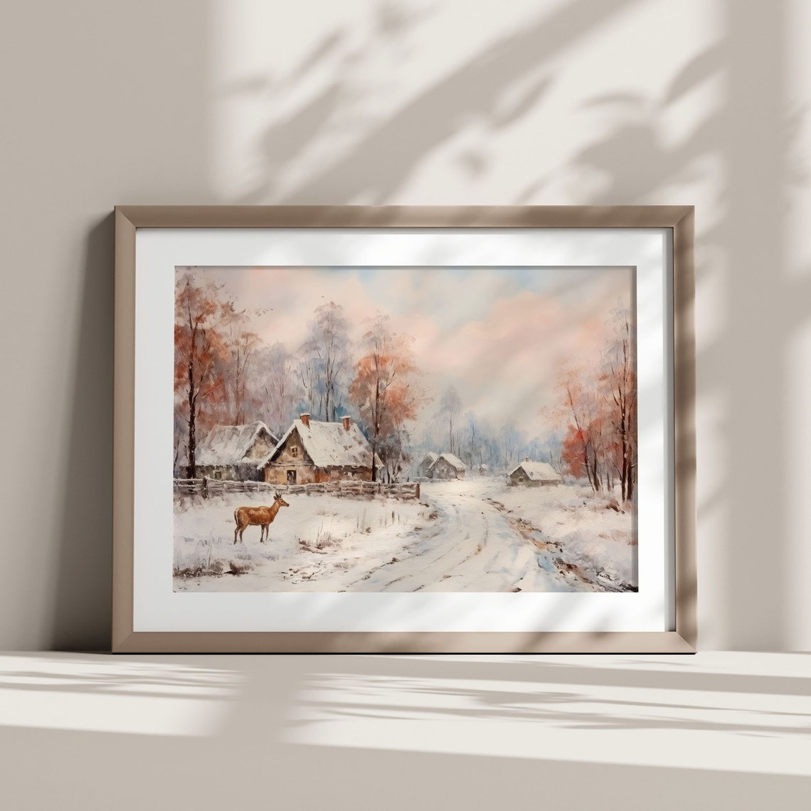 Winter Cabin Deer Snowy Woods Pink Dusk Cozy Christmas Poster - Image 2
