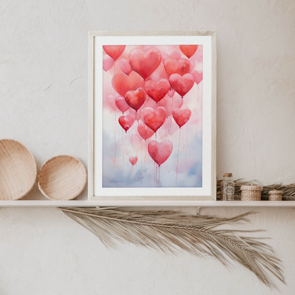 Romantic Pink Heart Balloons Bunch Watercolor Valentine Poster - Image 3