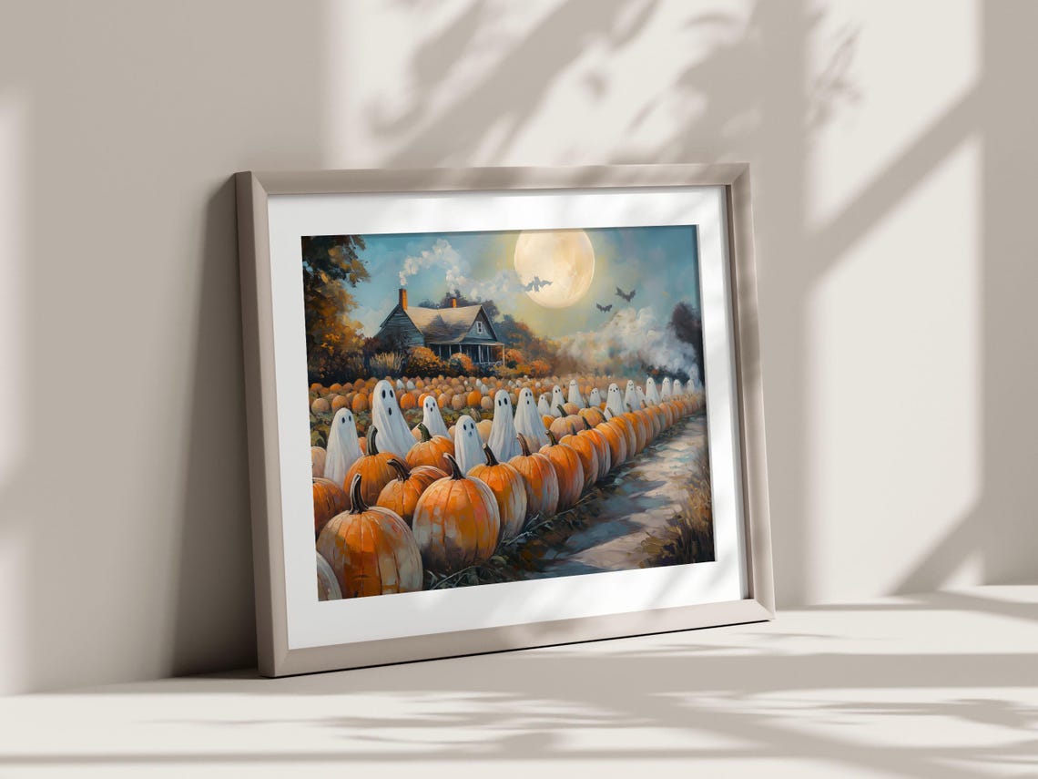 Cute Sheet Ghosts Pumpkin Patch Farmhouse Halloween Art Print - Image 3