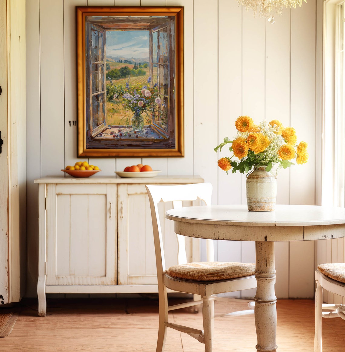 Wildflower Vase On Open Windowsill Over Vineyard Hillside View Poster - Image 5
