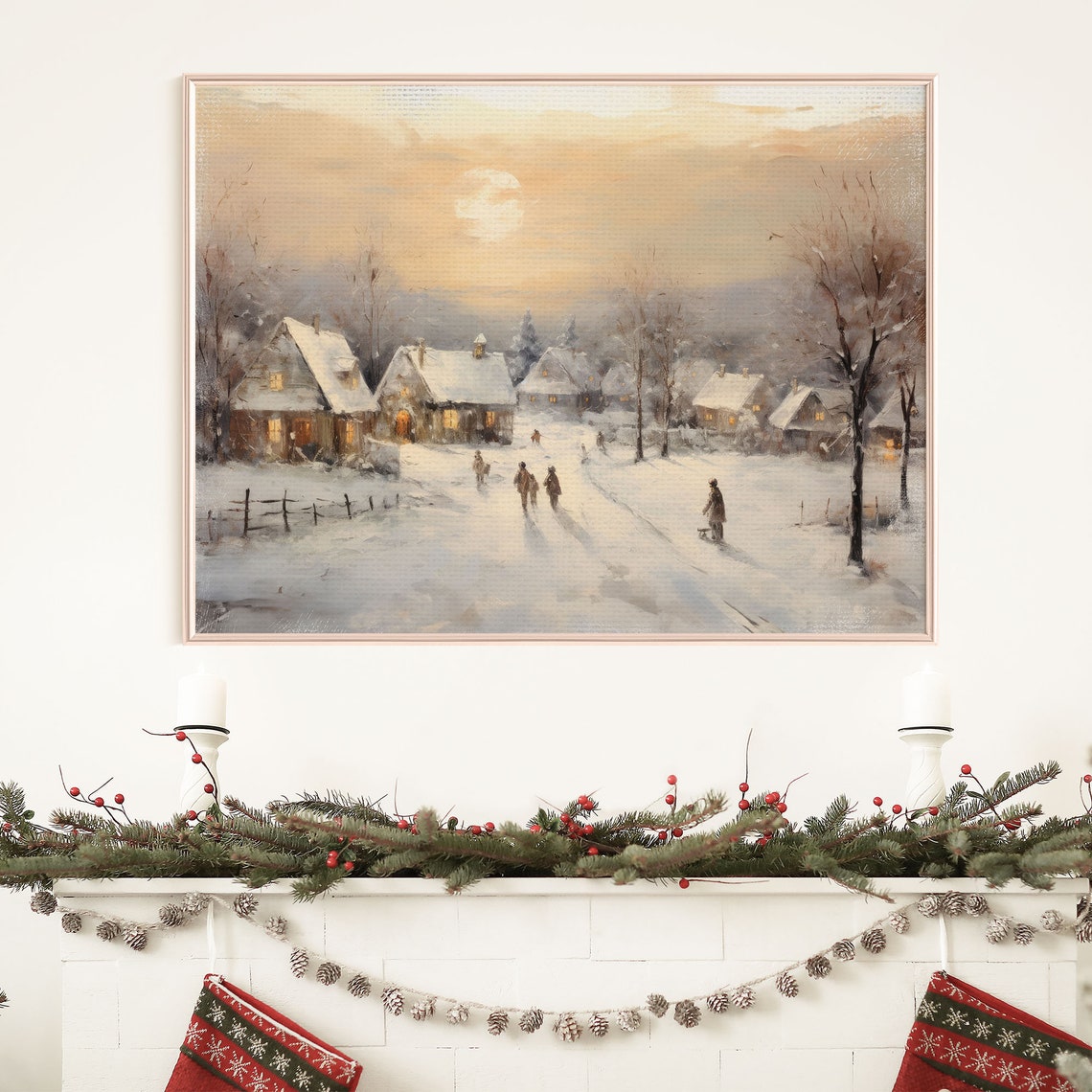 Vintage Christmas Village Wall Art Vintage Christmas Winter Snowy Wall Art Farmhouse Christmas Decor Xmas Town Painting Xmasv1 - Image 5