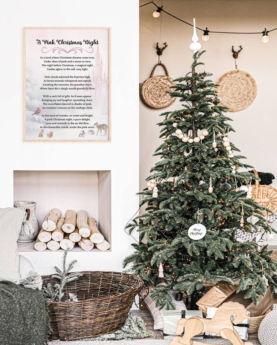 A Pink Christmas Night Poem Castle Woodland Holiday Art Poster - Image 6