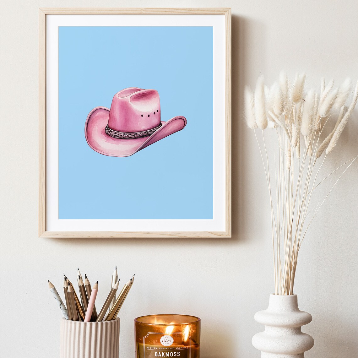 Pink Cowboy Hat on Blue Background Watercolor Western Wall Art - Image 3