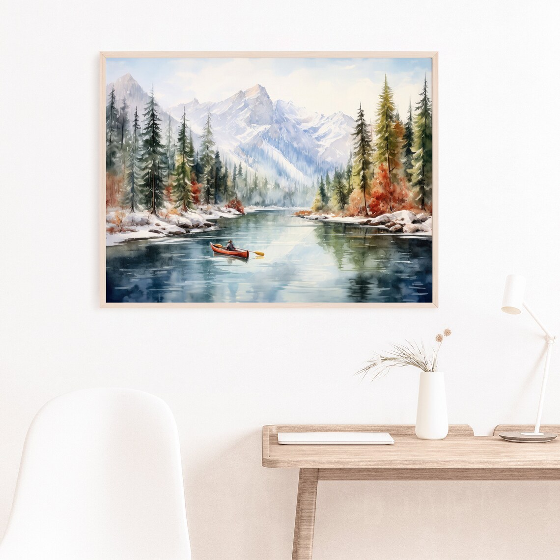 Red Canoe Winter Lake Mountain Snow Watercolor Landscape Poster - Image 4