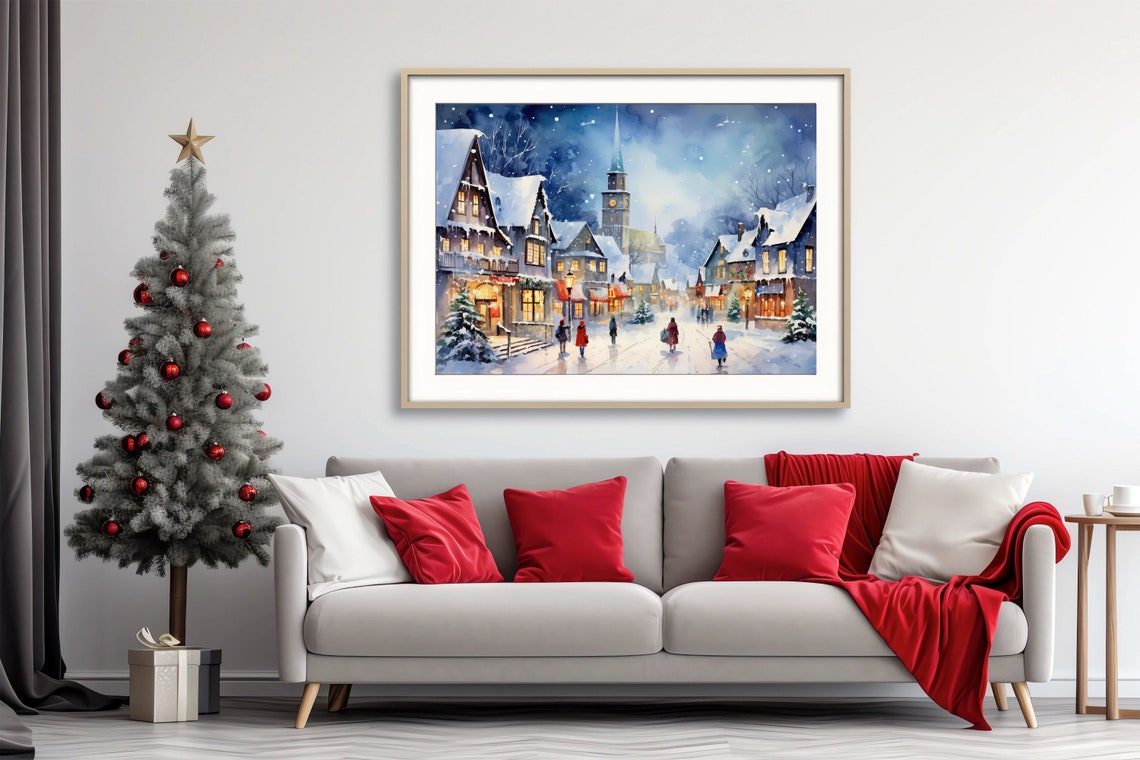 Blue Christmas Village Night Watercolor Snowy Town Art Print - Image 4