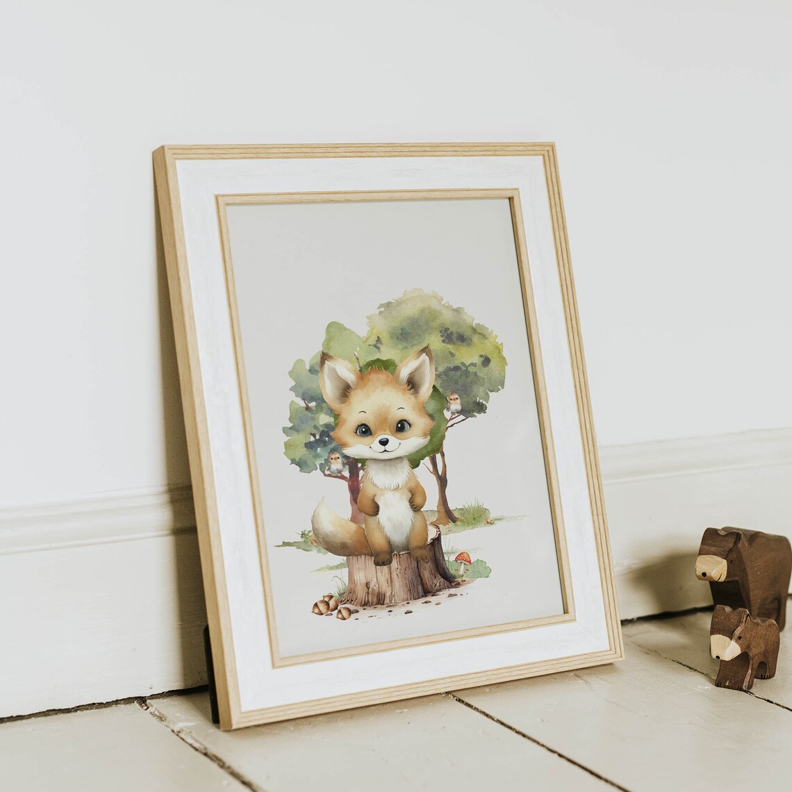 Baby Fox Tree Stump Watercolor Woodland Nursery Animal Poster - Image 2