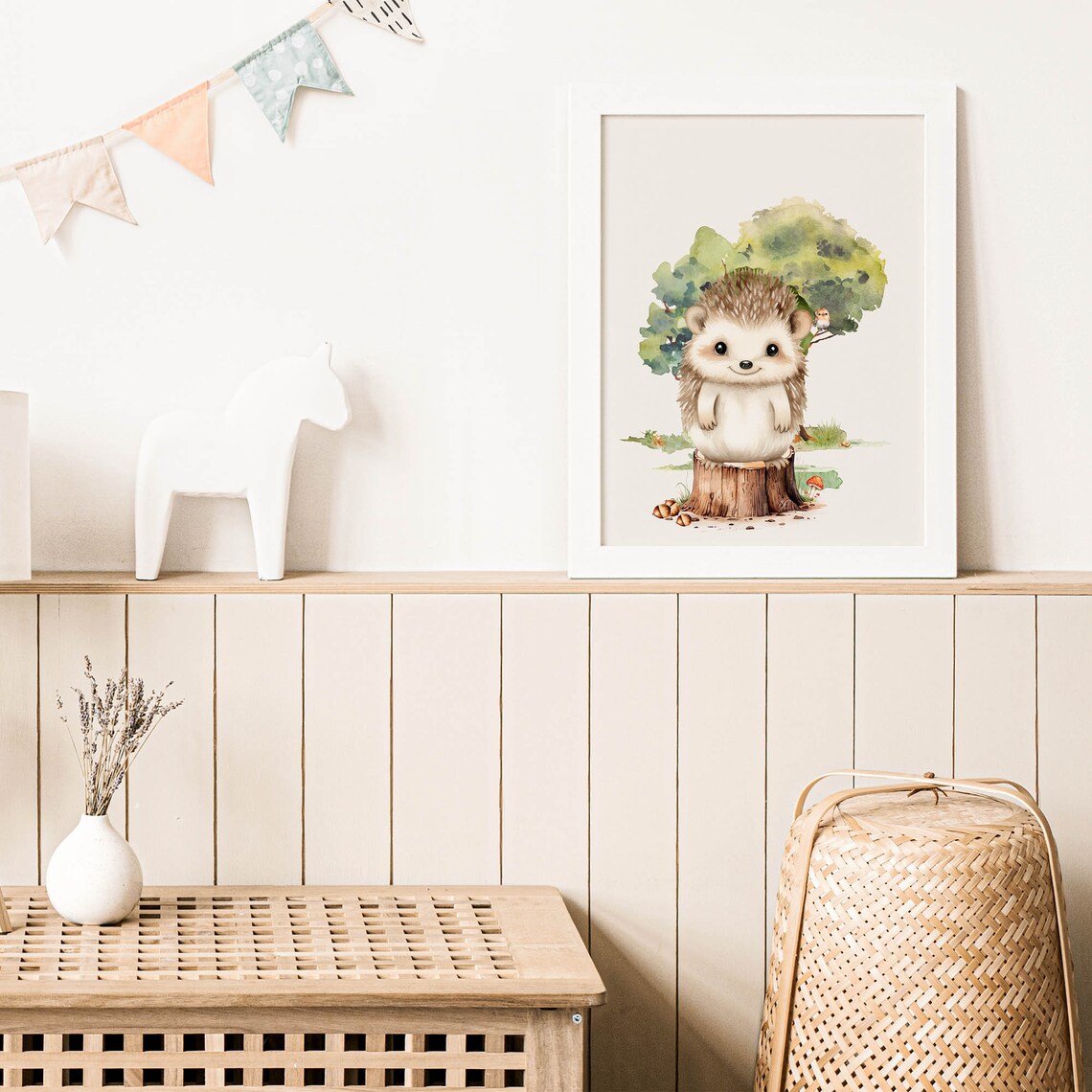 Baby Moose Tree Stump Tiny Owl Watercolor Woodland Nursery Poster - Image 3