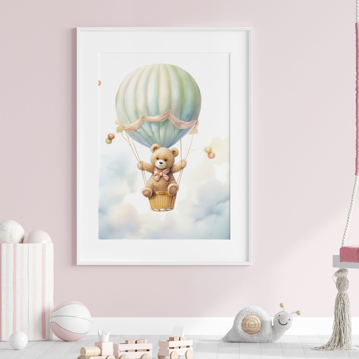 Teddy Bear Riding Hot Air Balloon Blue Sky Clouds Baby Poster - Image 4