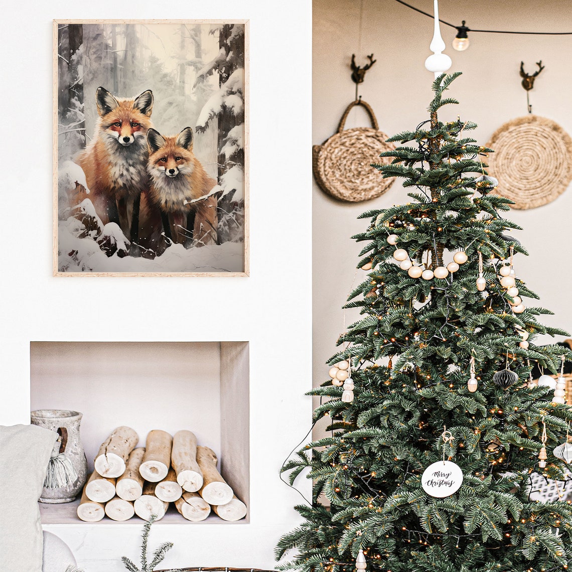 Two Red Foxes in a Snowy Pine Forest Vintage Wildlife Painting Poster - Image 6