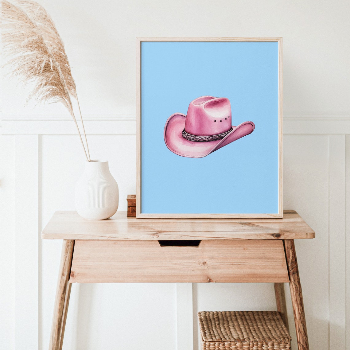 Pink Cowboy Hat on Blue Background Watercolor Western Wall Art - Image 5