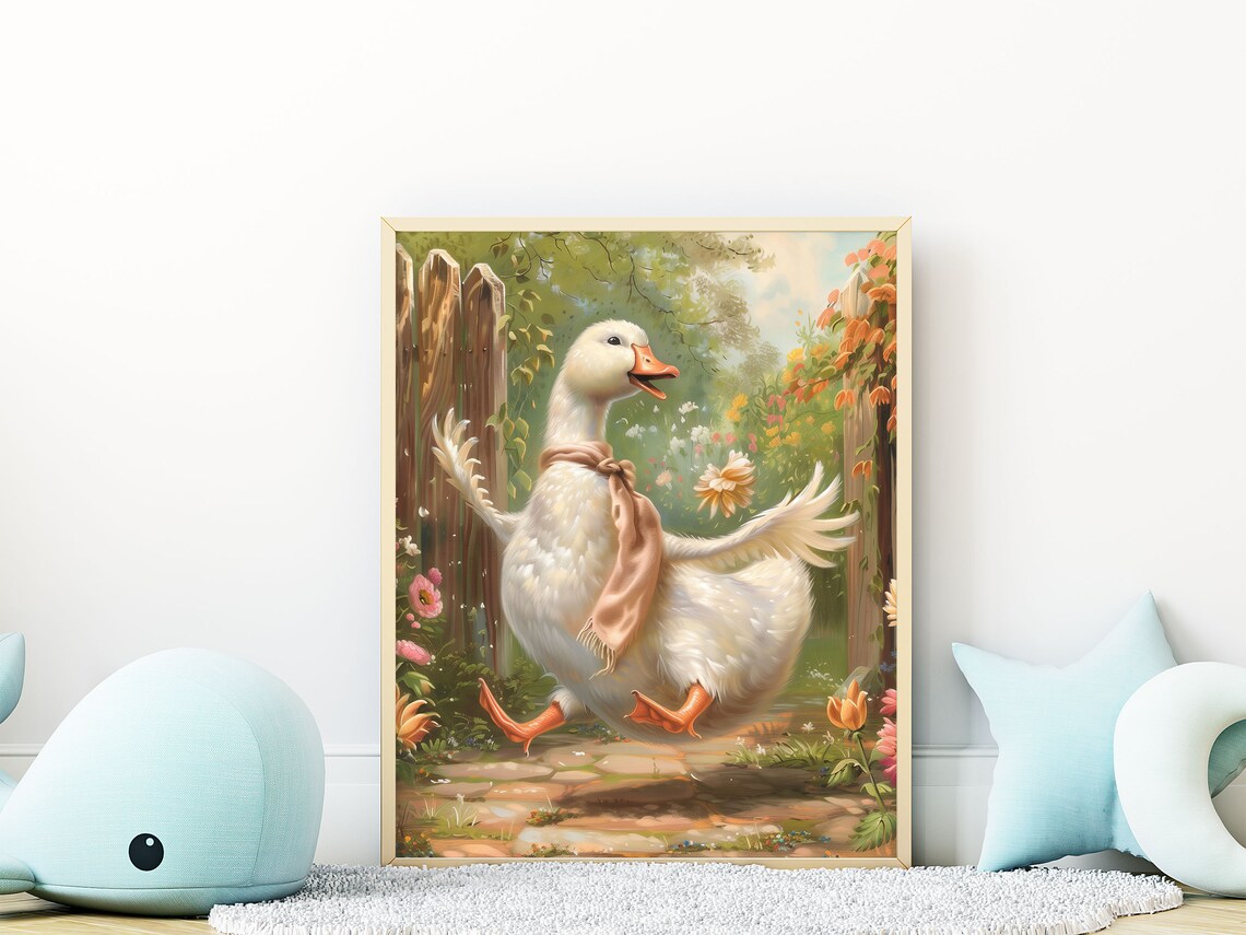 Silly Goose In Dahlias Wall Art Cute Goose Wearing A Scarfe Fairytale Print Whimsical Farmhouse Nursery Decor Vintage Kids Room Poster - Image 3