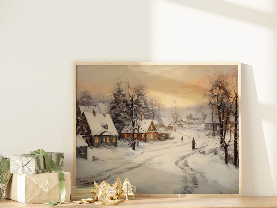 Snowy Village Street Dusk Cottages Vintage Winter Evening Poster - Image 3