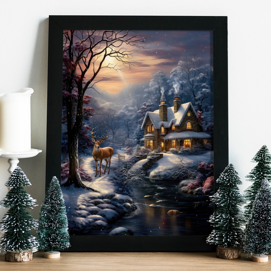Stag By Moonlit River Near Lit Stone Cottage Winter Night Poster - Image 6