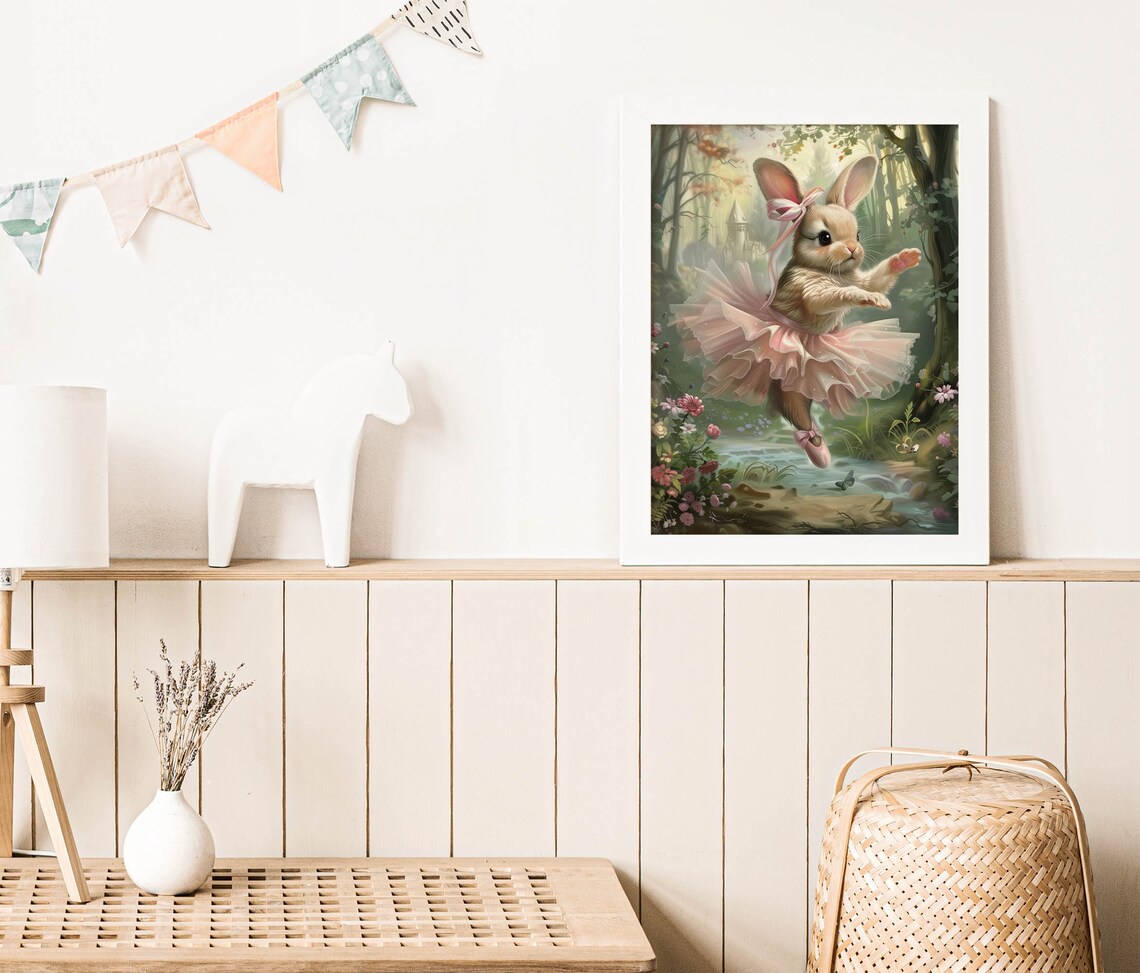 Dancing Bunny Ballerina Pink Bow Tutu Magical Woodland Stream Poster - Image 2