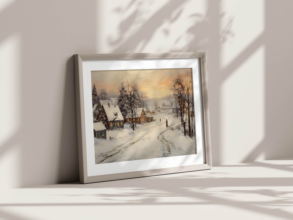 Snowy Village Street Dusk Cottages Vintage Winter Evening Poster - Image 2