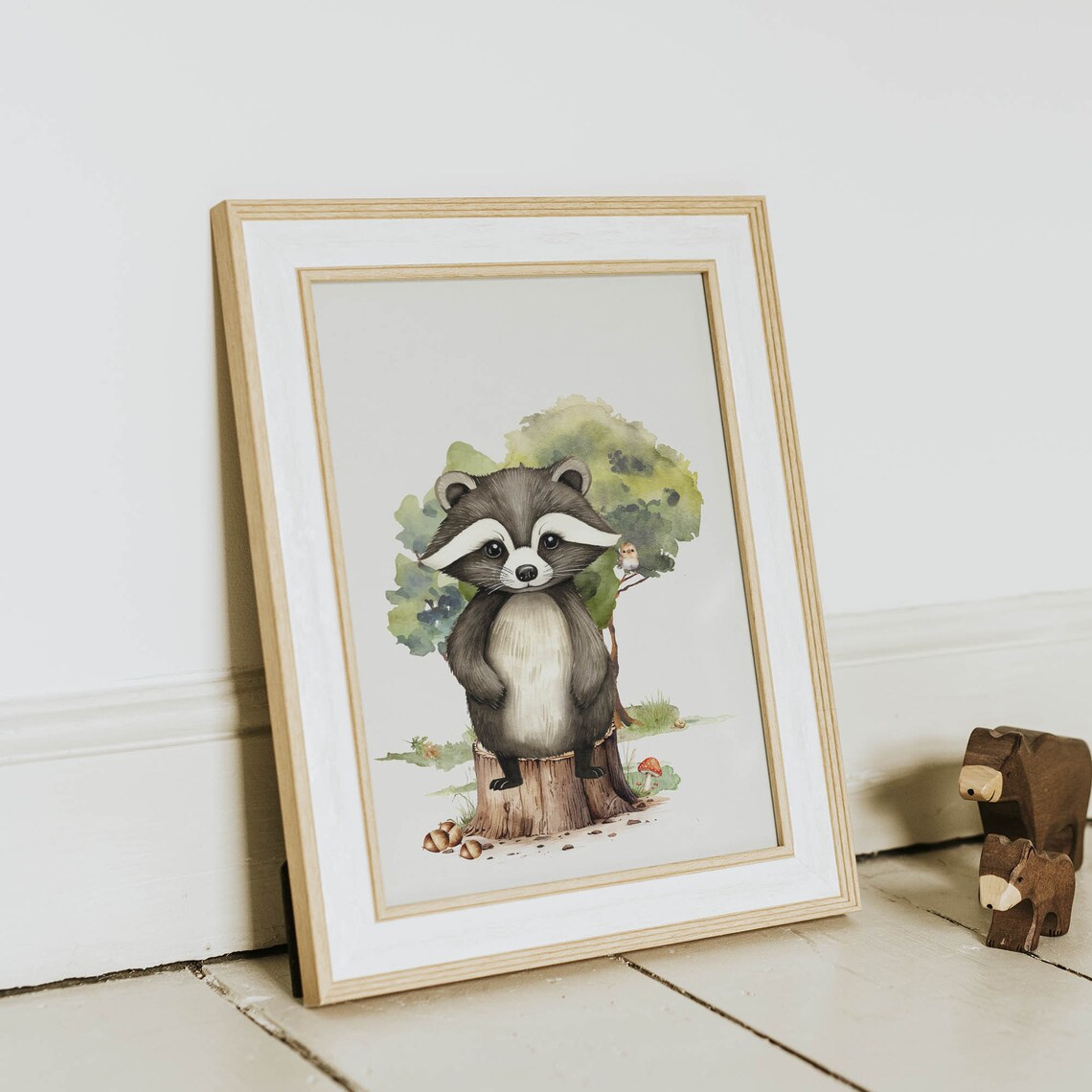 Baby Raccoon Tree Stump Watercolor Forest Nursery Animal Poster - Image 2